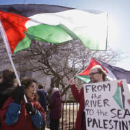 Placard calling for replacing all of Israel with Palestine as part of campus protest in support of Students for Justice in Palestine.