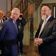 Then-Prince Charles and Rabbi Ephraim Mirvis visit the 1736 Suriname reconstructed Tzedek ve-Shalom Synagogue in 2020