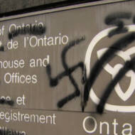 Antisemitic graffiti on a sign outside Ottawa courthouse