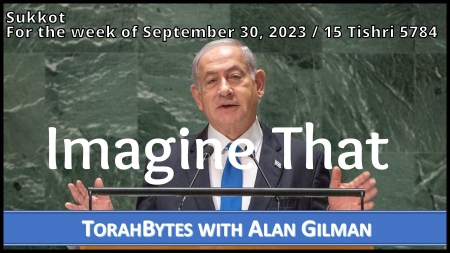 Message info over a photo of Israeli Prime Minister Benjamin Netanyahu, addressing the UN General Assembly, September 2023