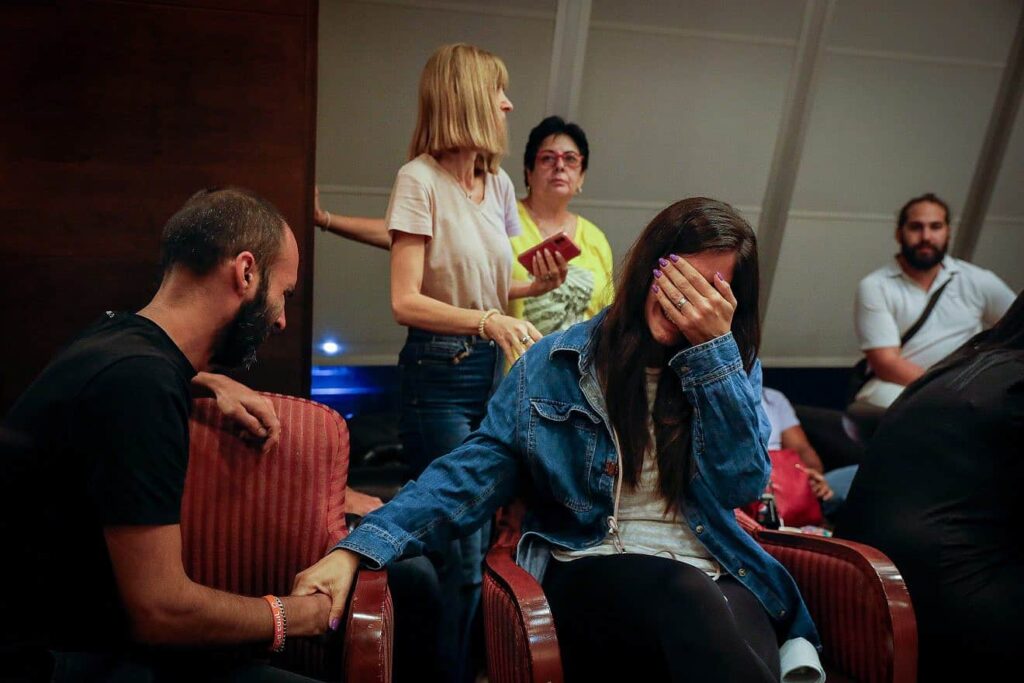 Families of civilians abducted by Hamas hold a press conference at Kfar Maccabiah in Ramat Gan, Oct. 8, 2023. Photo by Miriam Alster/Flash90.
