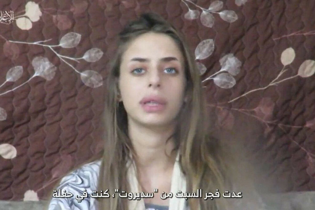 A screenshot from a clip published by Hamas purporting to show Mia Shem, an Israeli abducted by Palestinian terrorists from a music festival during a massacre on Oct. 7, 2023. Source: Screenshot.
