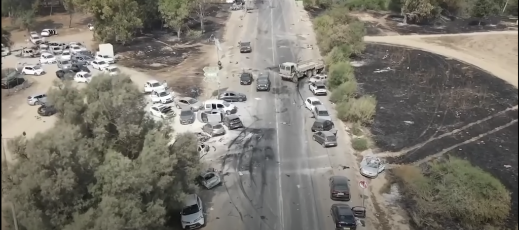 Drone footage of the aftermath of the massacar at the Supernova music Festival in Re'im, Israel
