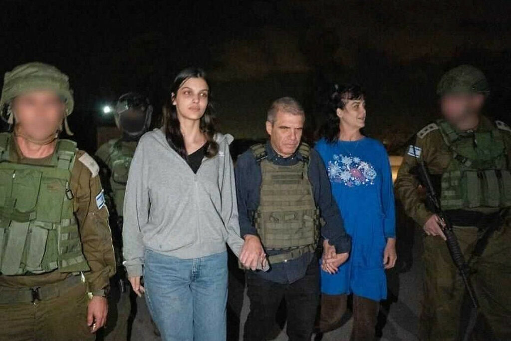 Hamas releases Judith (second right) and Natalie Raanan, dual Israeli-American citizens who were being held captive by Hamas in the Gaza Strip since Oct. 7, 2023. Credit: Courtesy.