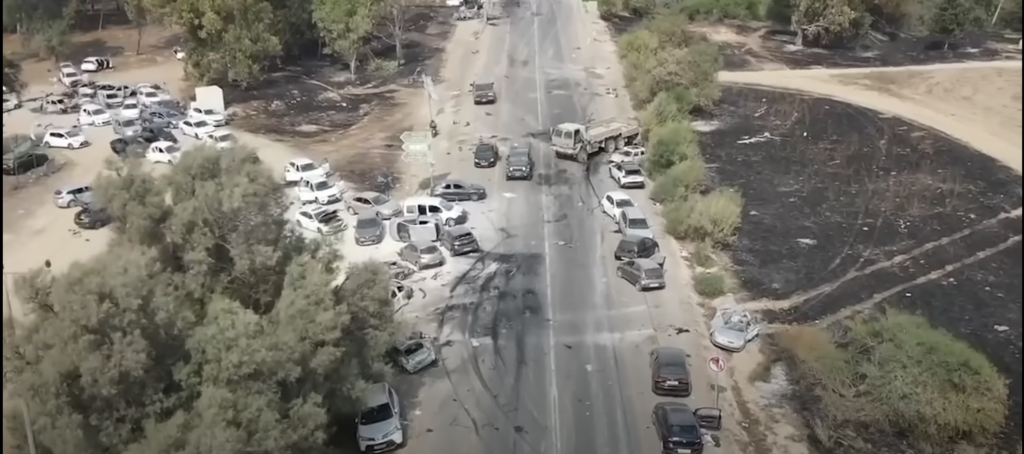 Drone footage of the aftermath of the massacar at the Supernova music Festival in Re'im, Israel