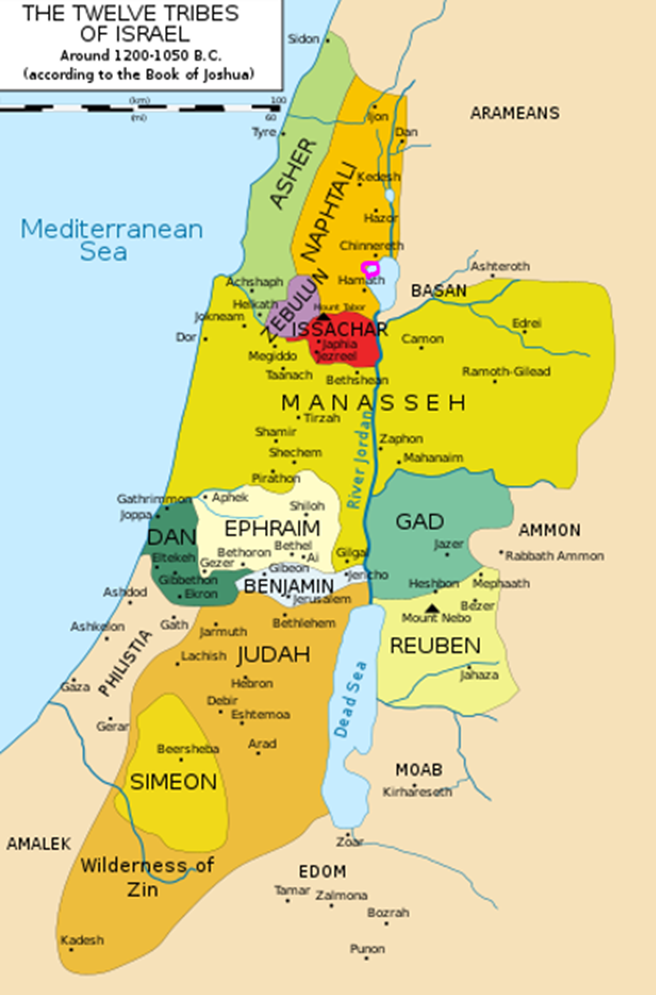 Migdal was on the north-western coast of the Sea of Galilee (see purple circle) within the territory of Naphtali. Photo Credit: “File:12 Tribes of Israel Map.svg” by 12 tribus de Israel.svg: Translated by Kordas 12 staemme israels heb.svg: by user:12 יוסי staemme israels.png: by user:Janz derivative work Richardprins (talk) is licensed under CC BY-SA 3.0