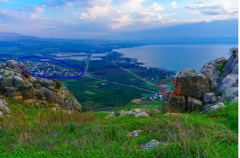 View of the modern town of Migdal (in blue) and its ancient location (in red). Photo Credit: Shutterstock