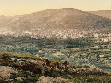 View from Mount Ebal (circa 1890). Six tribes stood on this mountain, and six tribes stood on Mt Gerizim (seen across the valley). In the valley the Priests, Levite Elders, and Ark of the Covenant stood.