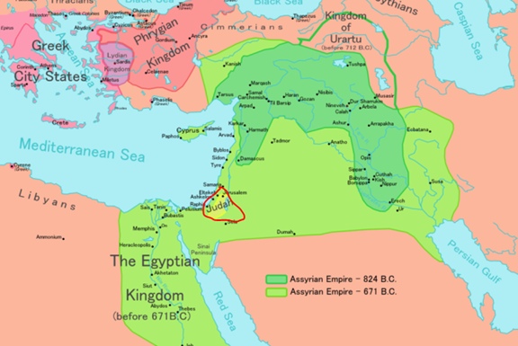 Assyria had never lost a battle, but because of G-d’s miraculous intervention, the Assyrians had no choice but to bypass Judah (in red circle).  Photo Credit: Nigyou - Creative Commons Attribution-Share Alike 3.0 Unported