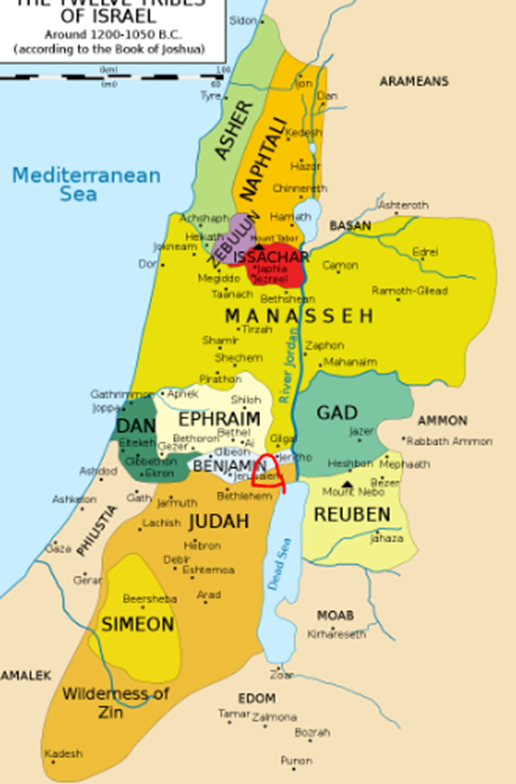 Map of the tribal territories of Israel. Maale Adumim was located in Judah on the border with Benjamin (as indicated by the red circle). Photo Credit: Janz derivative work Richardprins – CC BY-SA 3.0