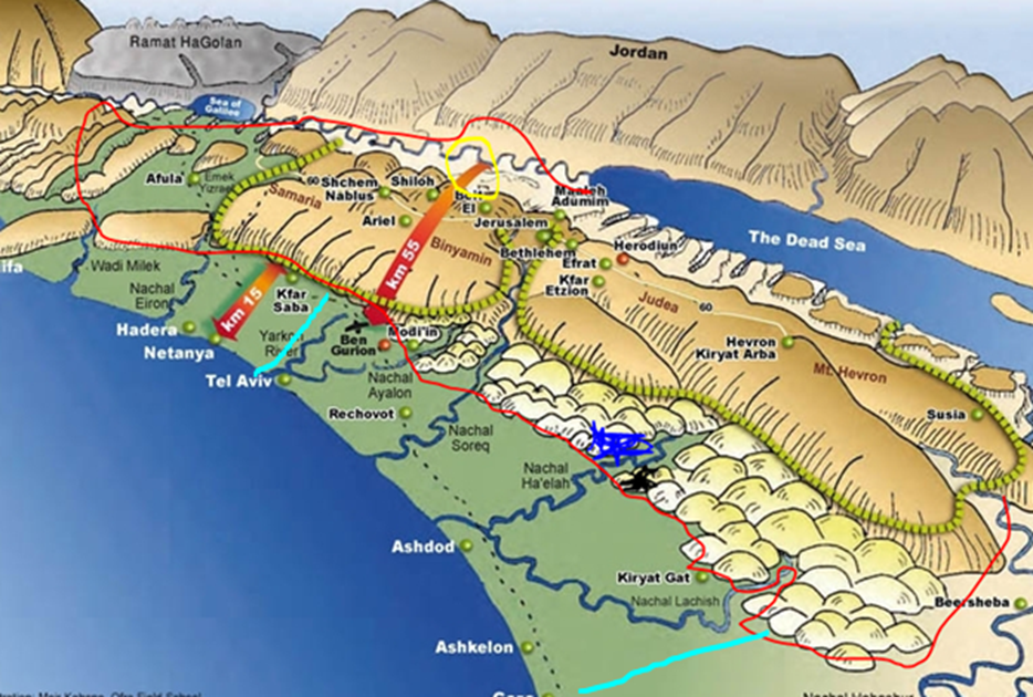  The Jewish people entered from the Jordan River opposite Jericho (see yellow circle). They took over almost the entire mountainous region (see the large red circle below) while simultaneously the Philistines entered from the Sea, taking over the entire southern coastal area (the flat dark green area between the red circle and the sea (east to west) and between the two aqua lines (north to south)