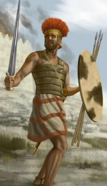 Philistine soldier showcasing Greek-inspired clothing, highlighting cultural influence and historical attire.