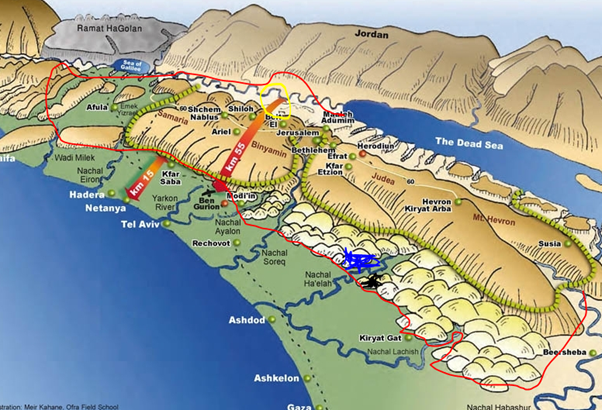 - BeitEmet - House of Truth Topographic map of Central Israel with annotated notes highlighting key features and landmarks.