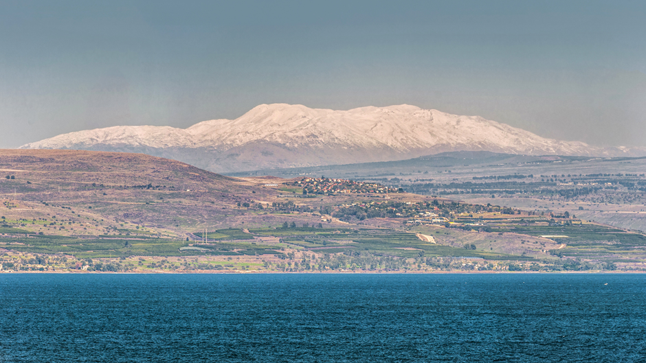 Snowy Mount Hermon view from the Sea of Galilee, located along the ancient highway connecting Egypt to Mesopotamia.