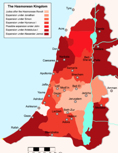 The Hasmonaean (Maccabee) Kingdom at its zenith included land in today’s Israel, Jordan, Syria, Egypt and Lebanon (circa 100 BCE)