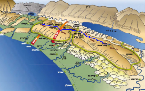 The Judean Mountains are filled with deep ravines to its right and left (see the many black lines on the sides of the mountains) but the road (the blue line) is on the “spine” of the mountain. The Judean Mountains are filled with deep ravines to its right and left (see the many black lines on the sides of the mountains) but the road (the blue line) is on the “spine” of the mountain.