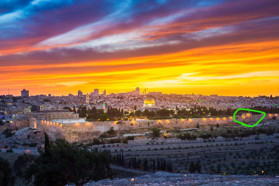 The Eastern Wall of Jerusalem (as seen from the Mount of Olives). The Gate of Mercy is circled in green. Photo Credit: Shutterstock The Eastern Wall of Jerusalem (as seen from the Mount of Olives). The Gate of Mercy is circled in green. Photo Credit: Shutterstock