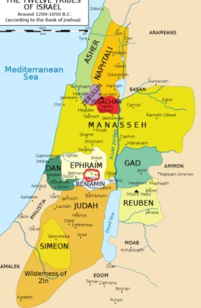 Beit El (in red circle) was in the territory given to the Tribe of Ephraim. Photo Credit:  Richardprins - CC BY-SA 3.0