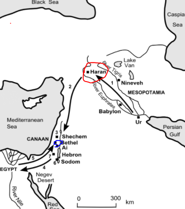  Haran (in red circle) where G-d told Abraham to leave his hometown. Beit El (in blue circle) where he built the altar. Photo Credit: Credit: https://www.thebiblejourney.org/