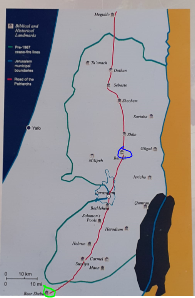 Jacob will flee from Beer Sheva (in green circle) taking the road (red line) to Beit El (in Blue Circle)