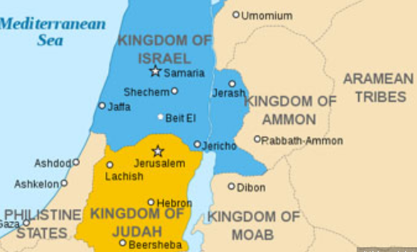After King Solomon, the united Monarchy split into two kingdoms: Judah in the South and Israel in the North. Photo Credit: Oldtidens_Israel_&_Judea.svg: - CC BY-SA 3.0