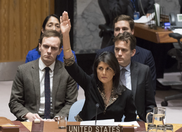 Then US Ambassador Nicky Haley vetoing a UN security council resolution condemning the US recognition of Jerusalem as the capital to Israel on December 18, 2017.